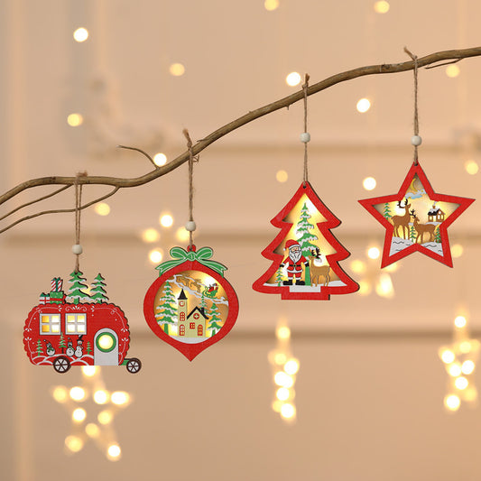 Christmas Decorations Hollow Wooden Pendant Creative Light Included Car Tree Ornaments Christmas Decor Kids Christmas Indoor